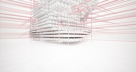 Drawing abstract architectural white interior from an array of cubes with large windows. 3D illustration and rendering.