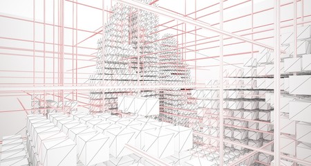 Drawing abstract architectural white interior from an array of cubes with large windows. 3D illustration and rendering.