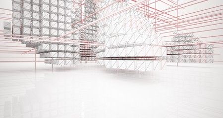 Drawing abstract architectural white interior from an array of cubes with large windows. 3D illustration and rendering.