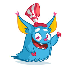 Funny cartoon monster wearing Santa Claus hat. Christmas illustration