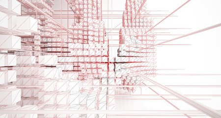 Drawing abstract architectural white interior from an array of cubes with large windows. 3D illustration and rendering.