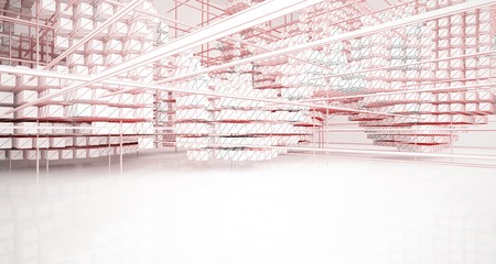 Drawing abstract architectural white interior from an array of cubes with large windows. 3D illustration and rendering.