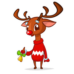 Funny cartoon red nose reindeer.  Christmas vector illustration isolated