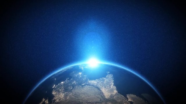 World and sun realistic 3D rendering. Shiny sunlight over Planet Earth, cosmos, atmosphere. Shot from Space satellite