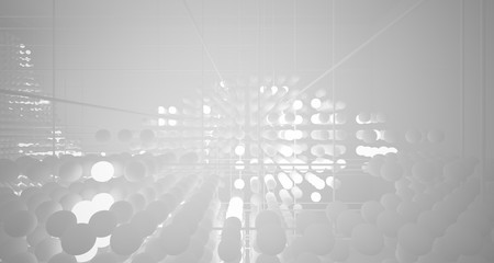 Abstract white architectural interior from an array of spheres with neon lighting. 3D illustration and rendering.