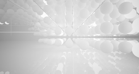 Abstract white architectural interior from an array of spheres with neon lighting. 3D illustration and rendering.