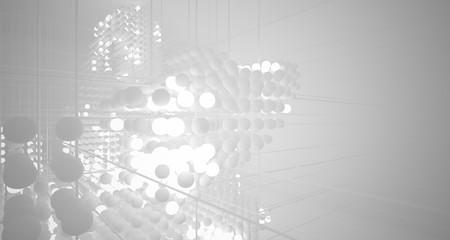 Abstract white architectural interior from an array of spheres with neon lighting. 3D illustration and rendering.