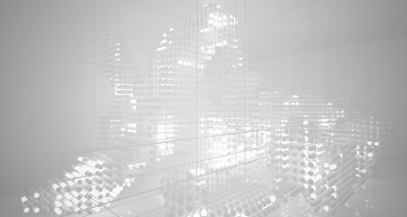 Obraz premium Abstract white architectural interior from an array of spheres with neon lighting. 3D illustration and rendering.