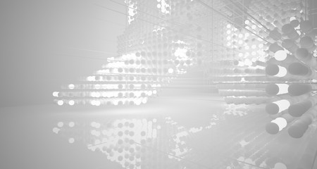 Abstract white architectural interior from an array of spheres with neon lighting. 3D illustration and rendering.