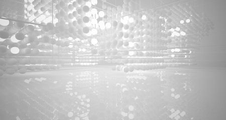 Abstract white architectural interior from an array of spheres with neon lighting. 3D illustration and rendering.