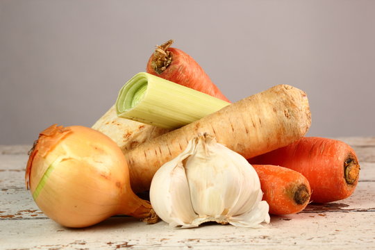 Vegetables to make broth: celery, carrot, parsley root, garlic, onion, leek.