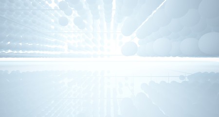 Abstract white architectural interior from an array of spheres with large windows. 3D illustration and rendering.