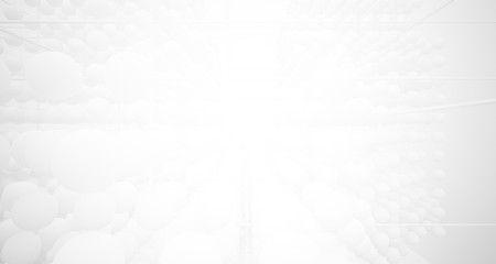 Abstract white architectural interior from an array of spheres with large windows. 3D illustration and rendering.