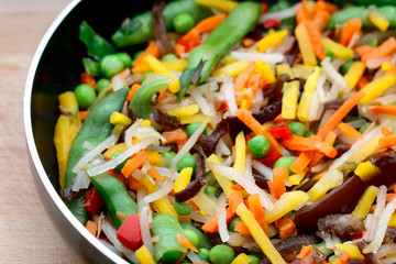 Many types of vegetables in a pan.