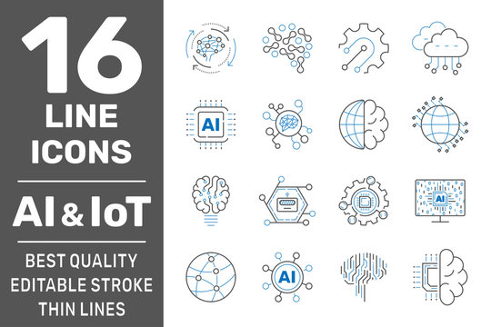 AI, IIot, Iot, cloud computing, cognitive computing industry 4.0 icons set. Cyber Physical Systems concept of industry 4.0 and AI. Editable Stroke. EPS 10
