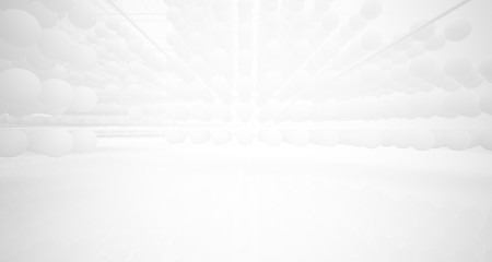 Abstract white architectural interior from an array of spheres with large windows. 3D illustration and rendering.