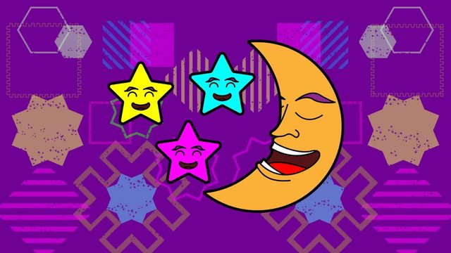 moon and star character cartoon music clips. Minimal animation design. Pop and dance mood