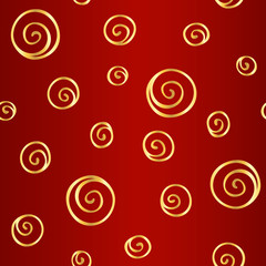 Seamless simple texture with hand drawn abstract golden spirals on dark red background; Vector endless doodle pattern for decor, fabric print, gift wrap, invitation, banner, wrapping paper