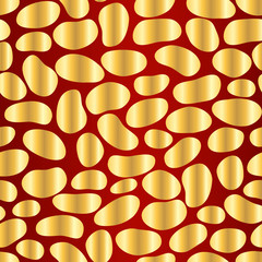 Seamless simple abstract texture with hand drawn golden cobblestones on dark red background; Vector doodle endless stone pattern for decor, fabric print, gift wrap, invitation, banner, wrapping paper