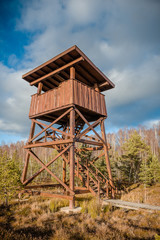 Wooden viewing tower in cognitive walkway of Musos Tyrelis. Lithuania. Baltic. Soft focus. Autumn landscape.