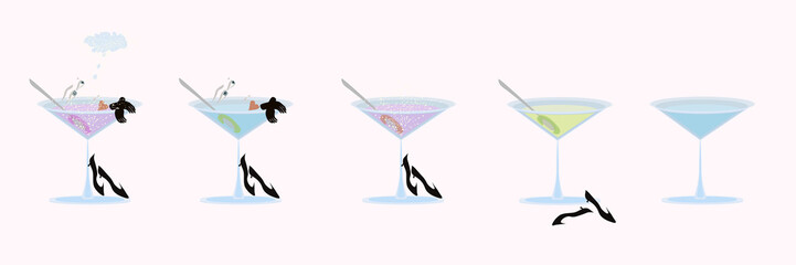 Abstract woman in a cocktail glass surrounded by sparkling bubbles