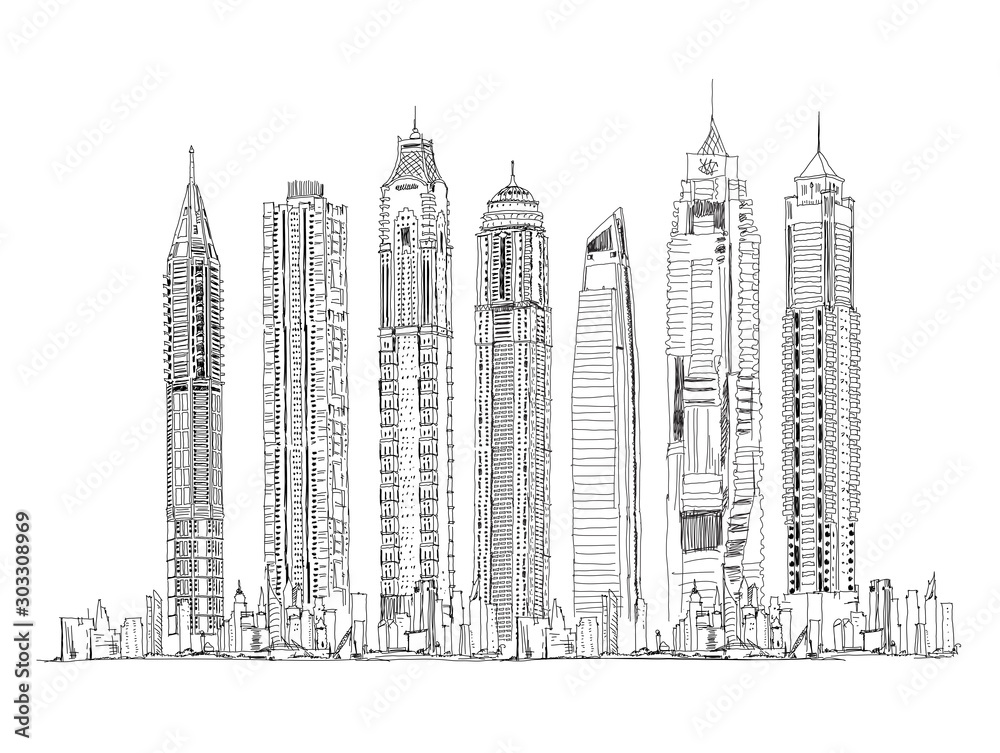 Sticker Illustration of the Dubai skyline: Skyscrapers of the Dubai Marina Sketch collection