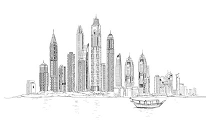  Illustration of the Dubai skyline: Skyscrapers of Marina and tourist boat 