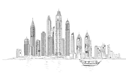 Fototapeta premium Illustration of the Dubai skyline: Skyscrapers of Marina and tourist boat 