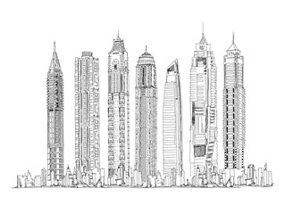 Illustration of the Dubai skyline: Skyscrapers of the Dubai Marina Sketch collection