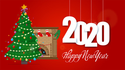 Banner New Year 2020. Christmas tree, Fireplace with bonfire, coniferous branches and boots. Happy New Year. Red gradient abstract background. Vector