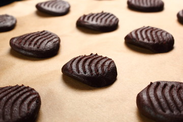 Raw cookies before baking. Making Chocolate Cookies.