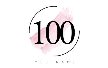 Number 100 Watercolor Stroke Logo Design with Circular Brush Pattern.