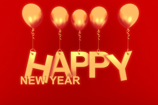 Happy New Year concept with golden paper cuted and gift boxes and ribbons on balloon with red background., 3D rendering.