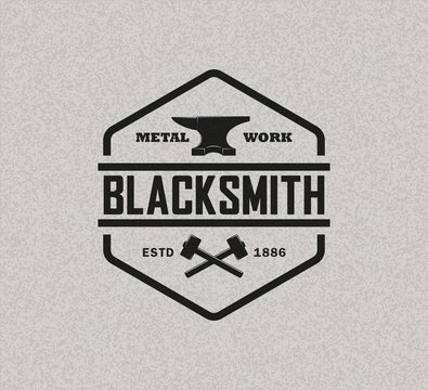 Color illustration of a blacksmith logo on a background with texture. Vector illustration of anvil hammer and text on background with texture. Professional metal work