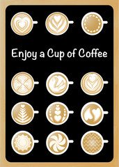 Vertical coffee poster features 12 cups of coffee with latte art on black background and wooden frame.
