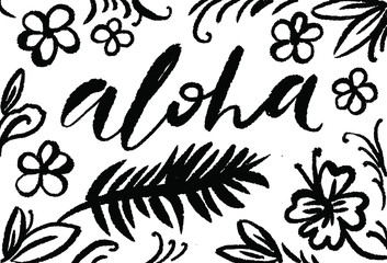 Summer party beach poster. Aloha lettering. Vector floral background with hand drawn palm leaves. Vintage ribbon.