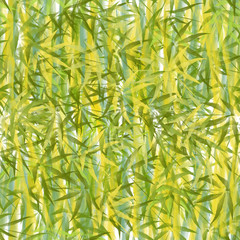 Seamless floral pattern of stems and leaves of bamboo. Yellow, green on white. Styling in watercolor.