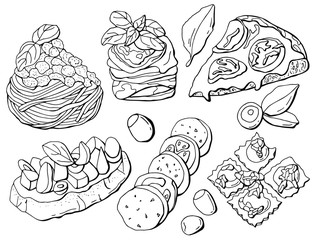 black and white, national Italian dishes, pizza, ravioli, bruschetta, parmesan, caprese, spaghetti