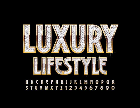 Vector shiny sign Luxury Lifestyle with elegant Font. Golden Alphabet Letters and Numbers with silver gems