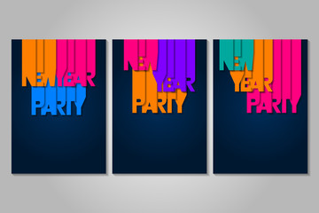 Set of New Year party posters with letters cut out of colored paper. Winter holidays greeting or invitation. Vector illustrations on blue backgrounds.