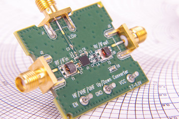 Radio frequency mixer PCB in front of Smith chart