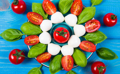 Fototapeta na wymiar Tomato and mozzarella with basil leaves on a plate. Caprese salad.