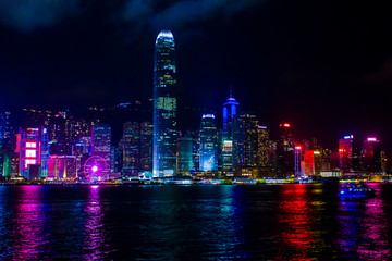 View of Hong Kong city skyline with colourfull lights at night from Kowloon side. Skyscrapers and office buildings of Hong Kong downtown.