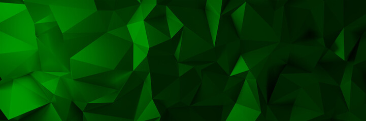 3d ILLUSTRATION, of green abstract crystal background, triangular texture, wide panoramic for wallpaper, 3d futuristic green background low poly design