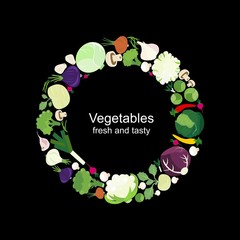 Vegetables on circle with black background. Vegetables fresh and tasty food. Vector icon flat illustration. 