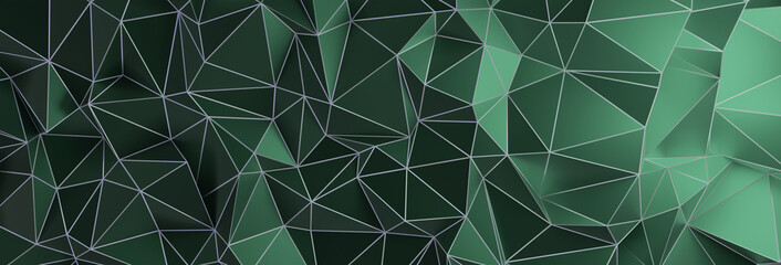 3d ILLUSTRATION, of green abstract crystal background, triangular texture, wide panoramic for wallpaper, 3d futuristic green background low poly design
