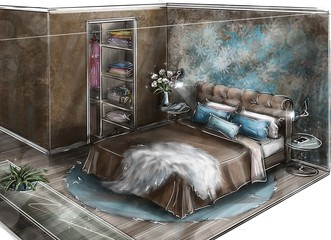 Rendering, drawing, picture, sketch, sketch, 3d illustration - interior for design project. The interior of a cozy room. 