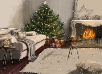 Rendering, drawing, picture, sketch, sketch, 3d illustration - interior for design project. The interior of a cozy room. 