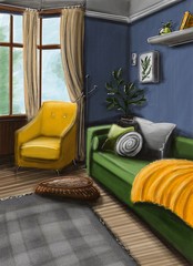 Rendering, drawing, picture, sketch, sketch, 3d illustration - interior for design project. The interior of a cozy room. 