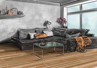 Rendering, drawing, picture, sketch, sketch, 3d illustration - interior for design project. The interior of a cozy room. 